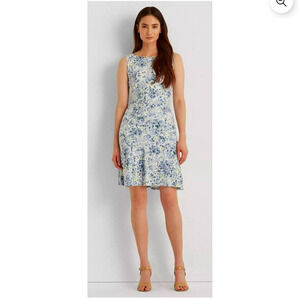 Lauren Ralph Lauren Floral Ruched Jersey Knit Dress 14P White-Blue Feminine